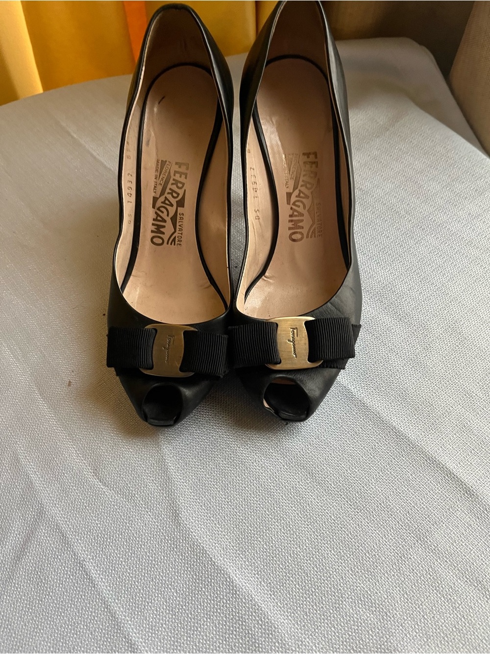 Salvatore Ferragamo Black Peep-Toe Vara Bow Pumps